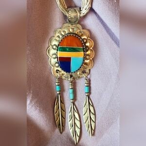 Navajo 10 Strand Sterling Liquid Silver & Inlaid Stone Pendant 14" Necklace